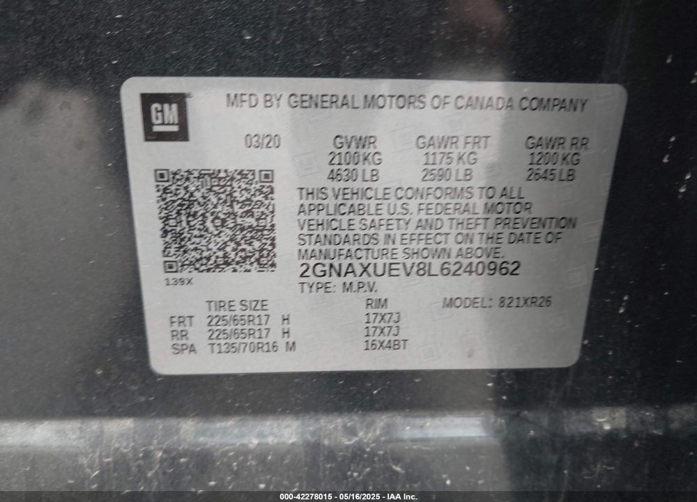 2020 CHEVROLET EQUINOX AWD LT 1.5L TURBO VIN: 2GNAXUEV8L6240962
