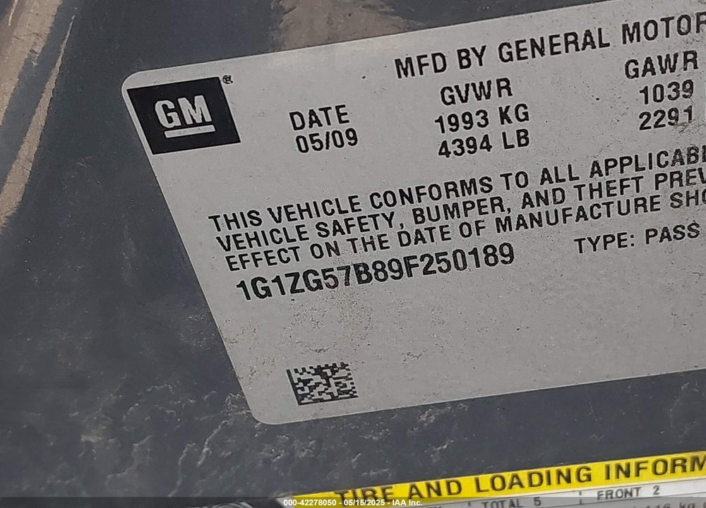2009 CHEVROLET MALIBU VIN: 1G1ZG57B89F250189