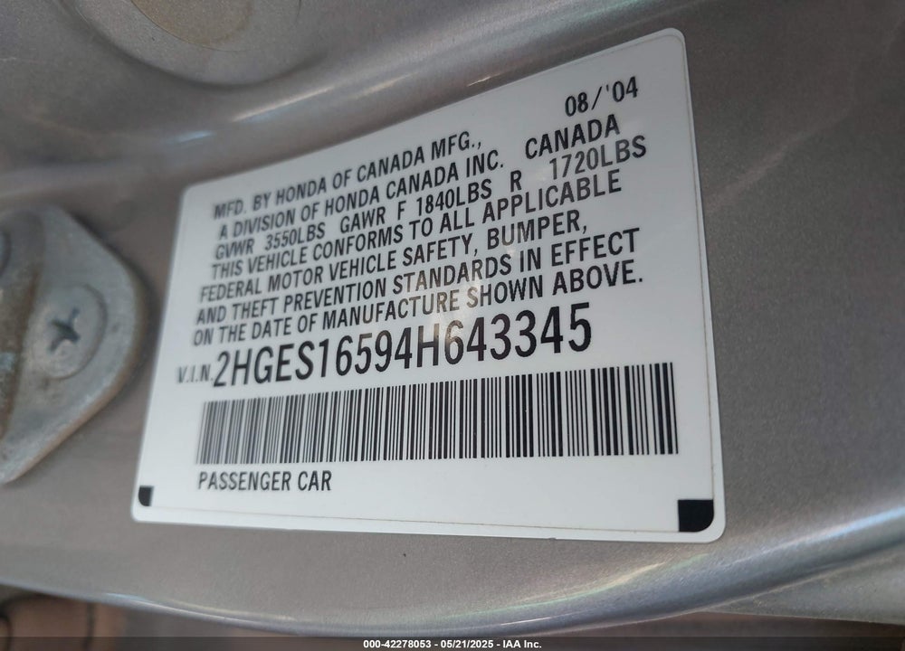 2004 HONDA CIVIC LX VIN: 2HGES16594H643345