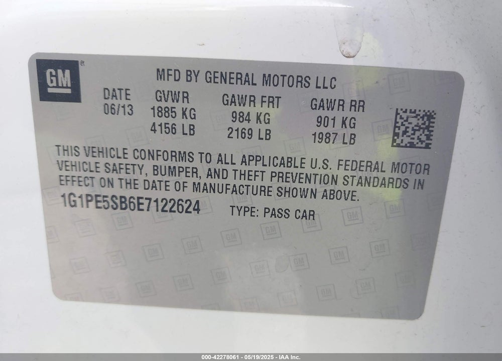 2014 CHEVROLET CRUZE VIN: 1G1PE5SB6E7122624