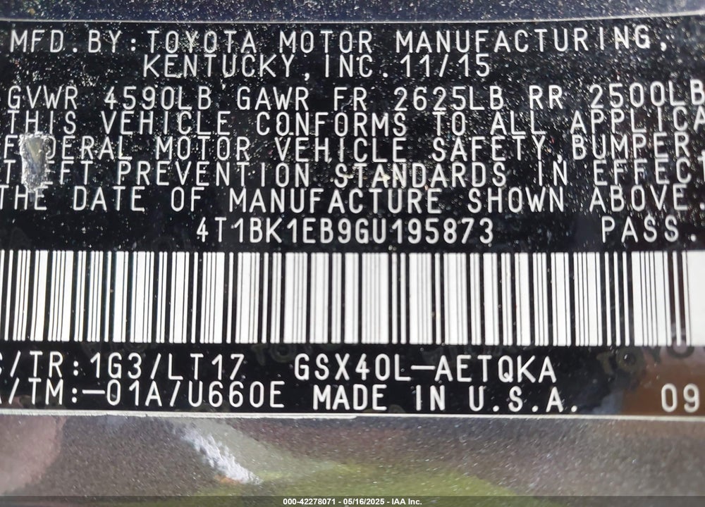 2016 TOYOTA AVALON VIN: 4T1BK1EB9GU195873