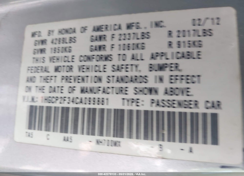 2012 HONDA ACCORD VIN: 1HGCP2F34CA099881