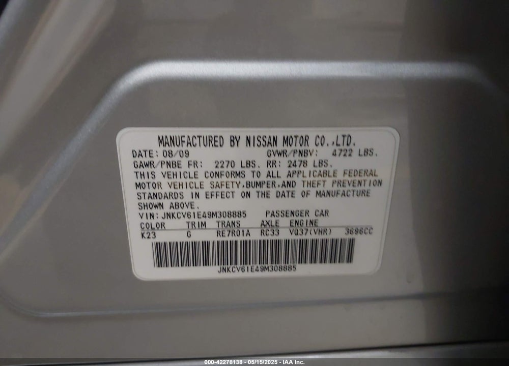 2009 INFINITI G37 JOURNEY VIN: JNKCV61E49M308885