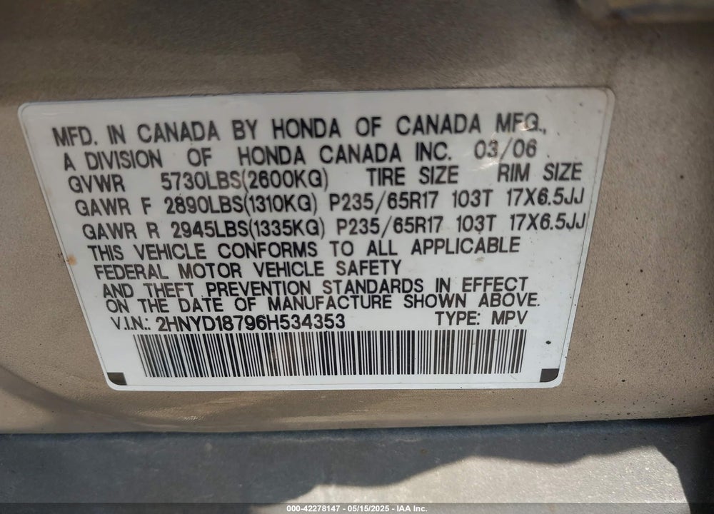 2006 ACURA MDX VIN: 2HNYD18796H534353