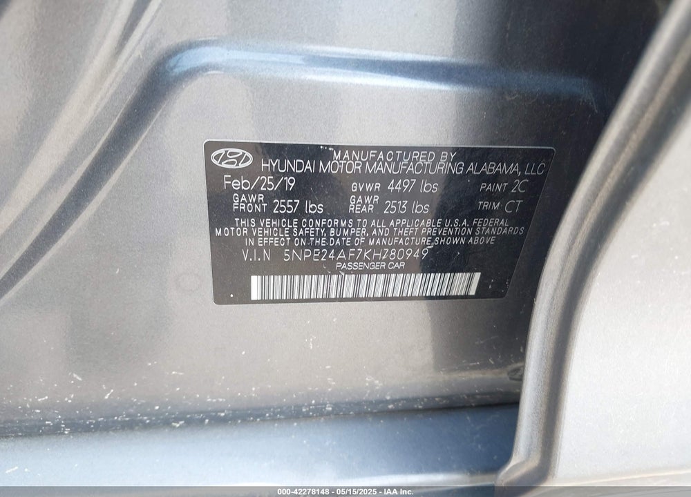 2019 HYUNDAI SONATA SE VIN: 5NPE24AF7KH780949