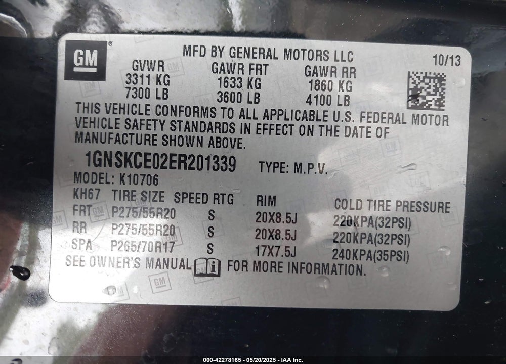 2014 CHEVROLET TAHOE LTZ VIN: 1GNSKCE02ER201339