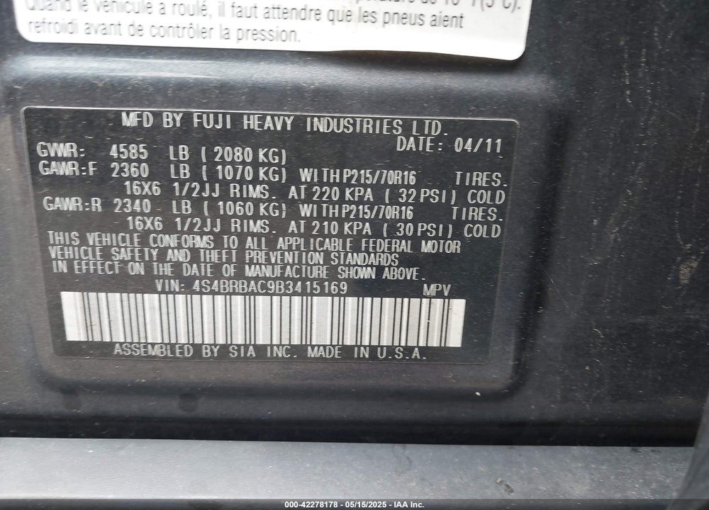 2011 SUBARU OUTBACK VIN: 4S4BRBAC9B3415169