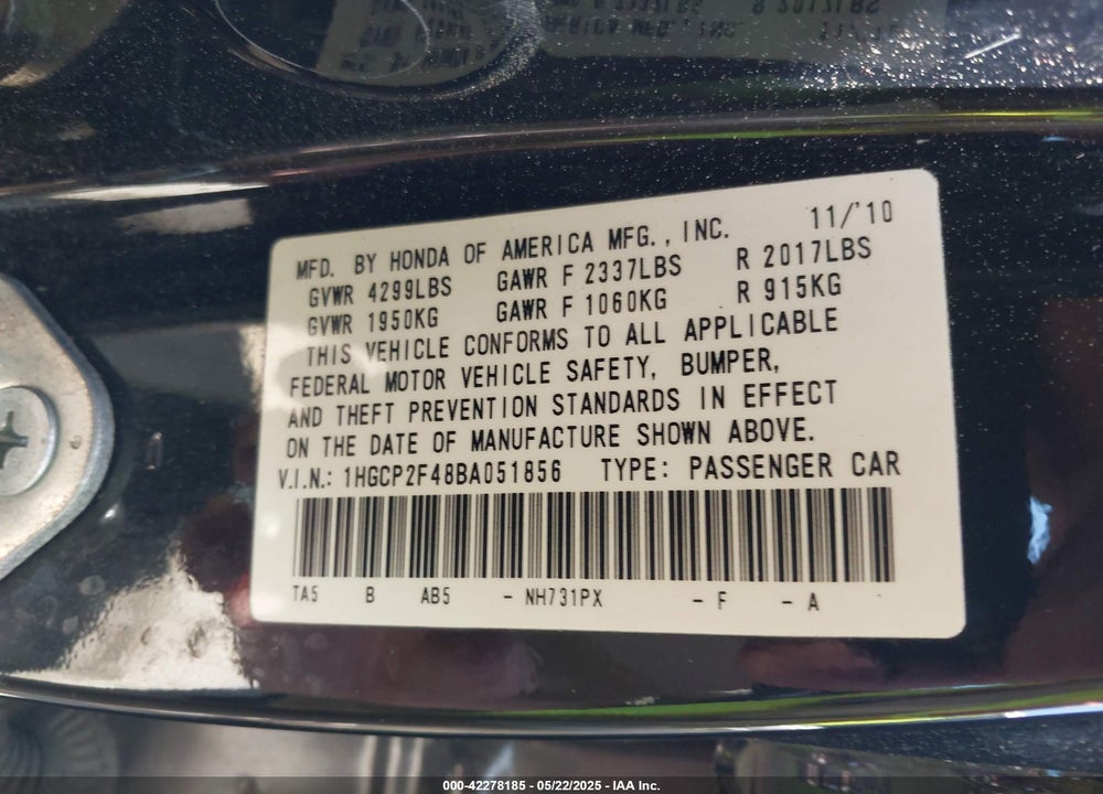 2011 HONDA ACCORD VIN: 1HGCP2F48BA051856