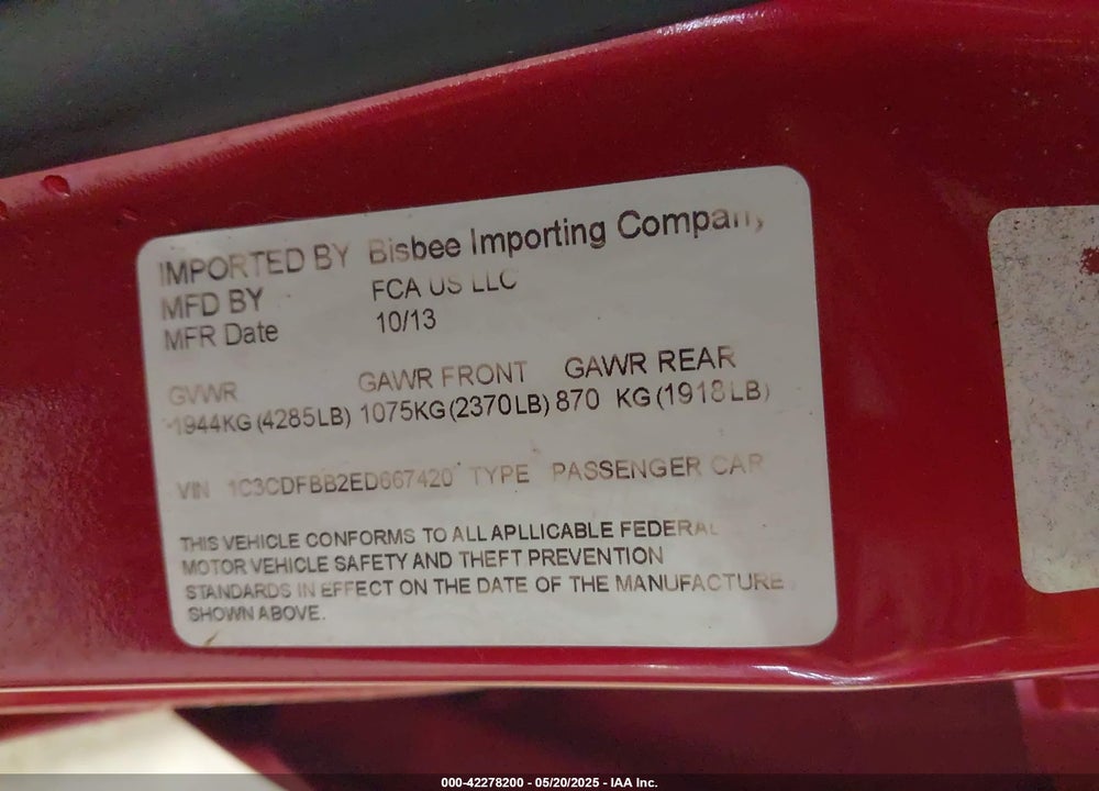 2014 DODGE DART VIN: 1C3CDFBB2ED667420