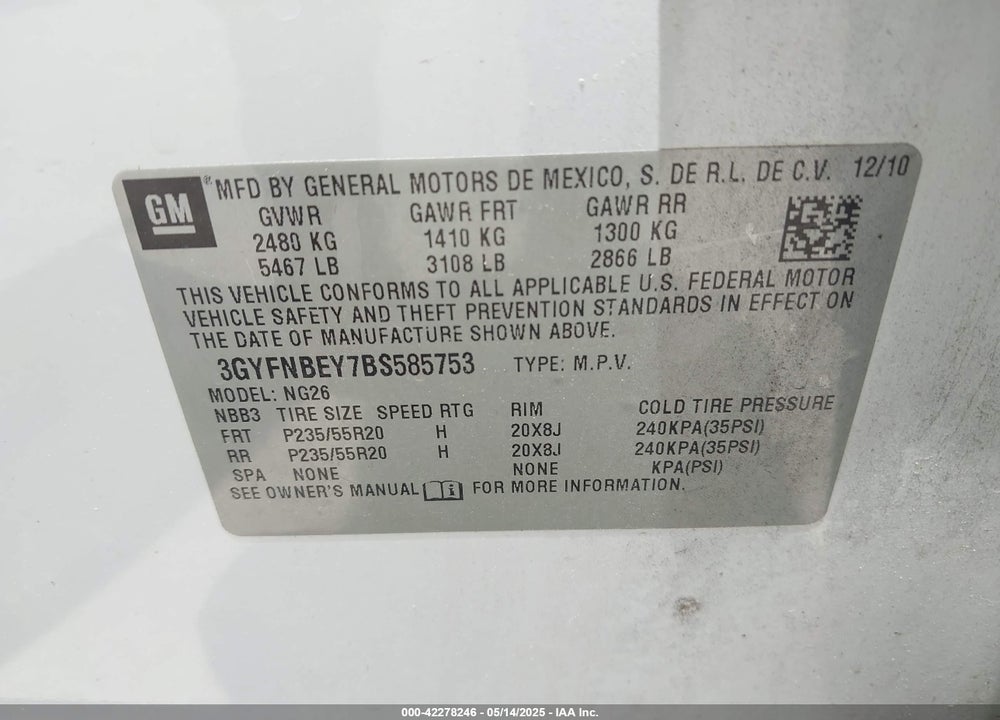 2011 CADILLAC SRX PERFORMANCE COLLECTION VIN: 3GYFNBEY7BS585753