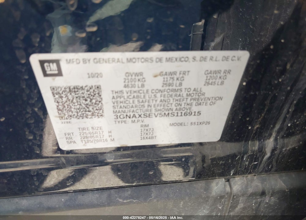 2021 CHEVROLET EQUINOX VIN: 3GNAXSEV5MS116915