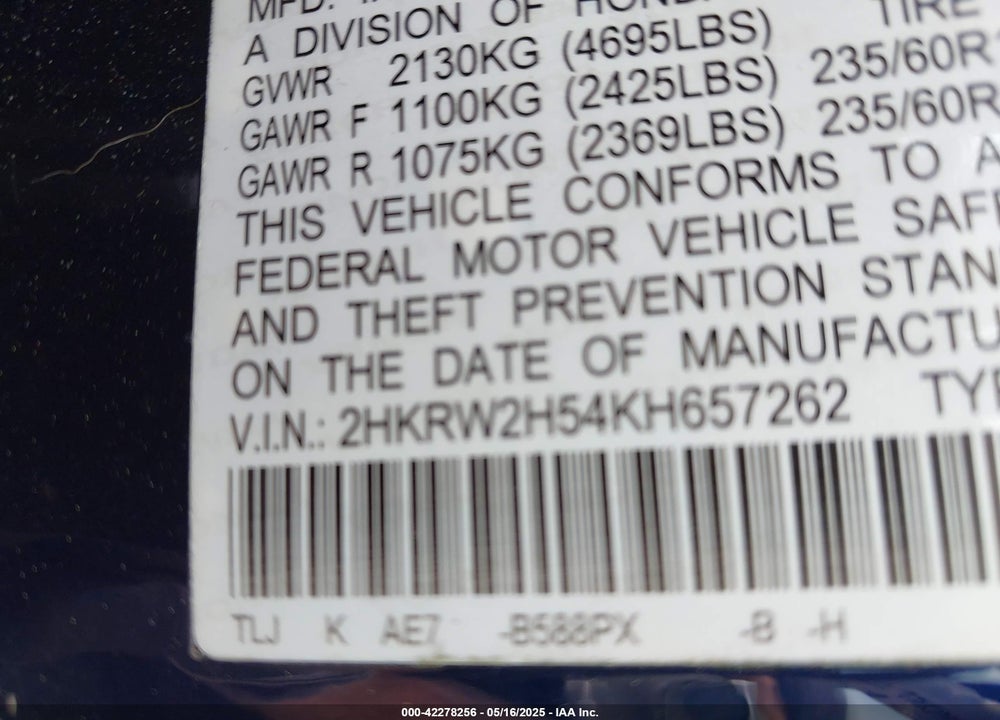2019 HONDA CR-V VIN: 2HKRW2H54KH657262