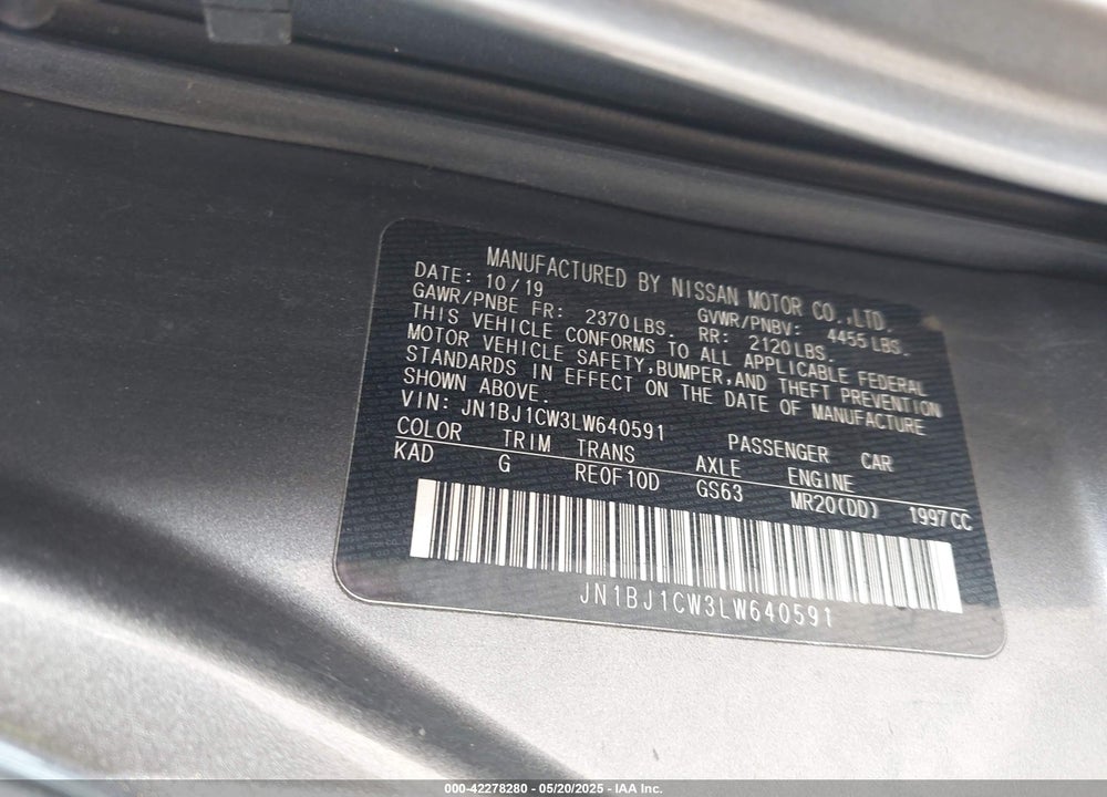 2020 NISSAN ROGUE SPORT S AWD XTRONIC CVT VIN: JN1BJ1CW3LW640591