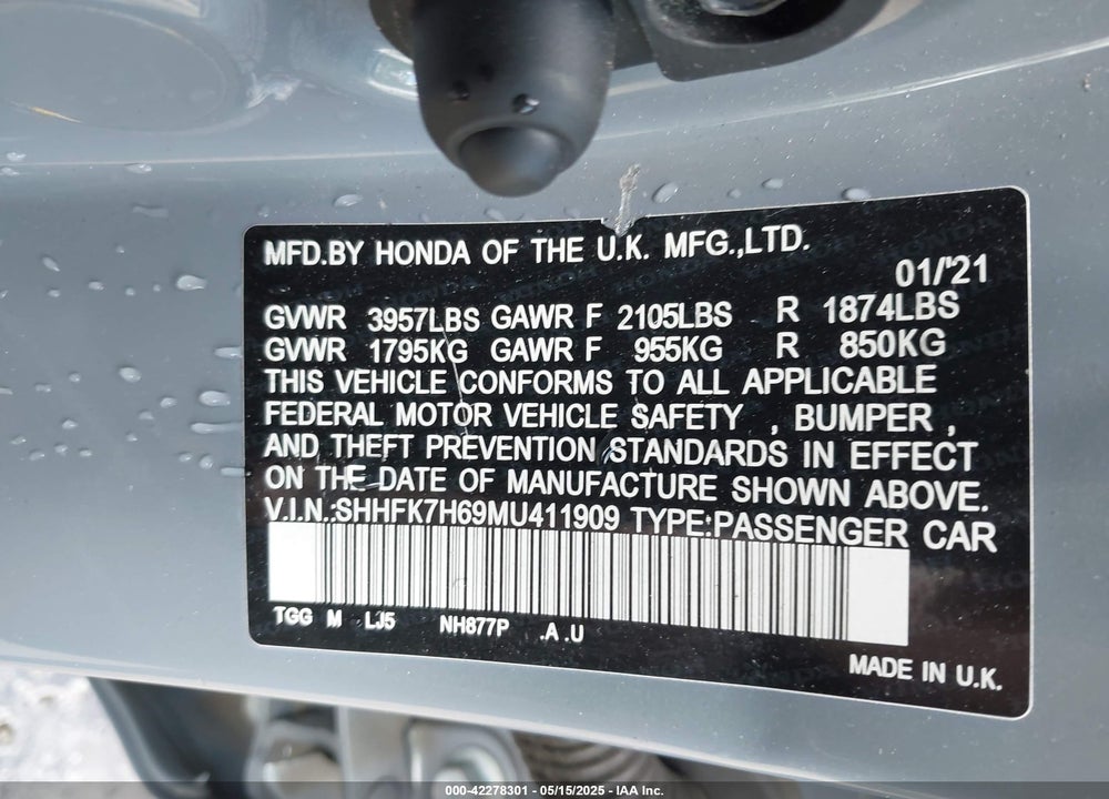 2021 HONDA CIVIC VIN: SHHFK7H69MU411909