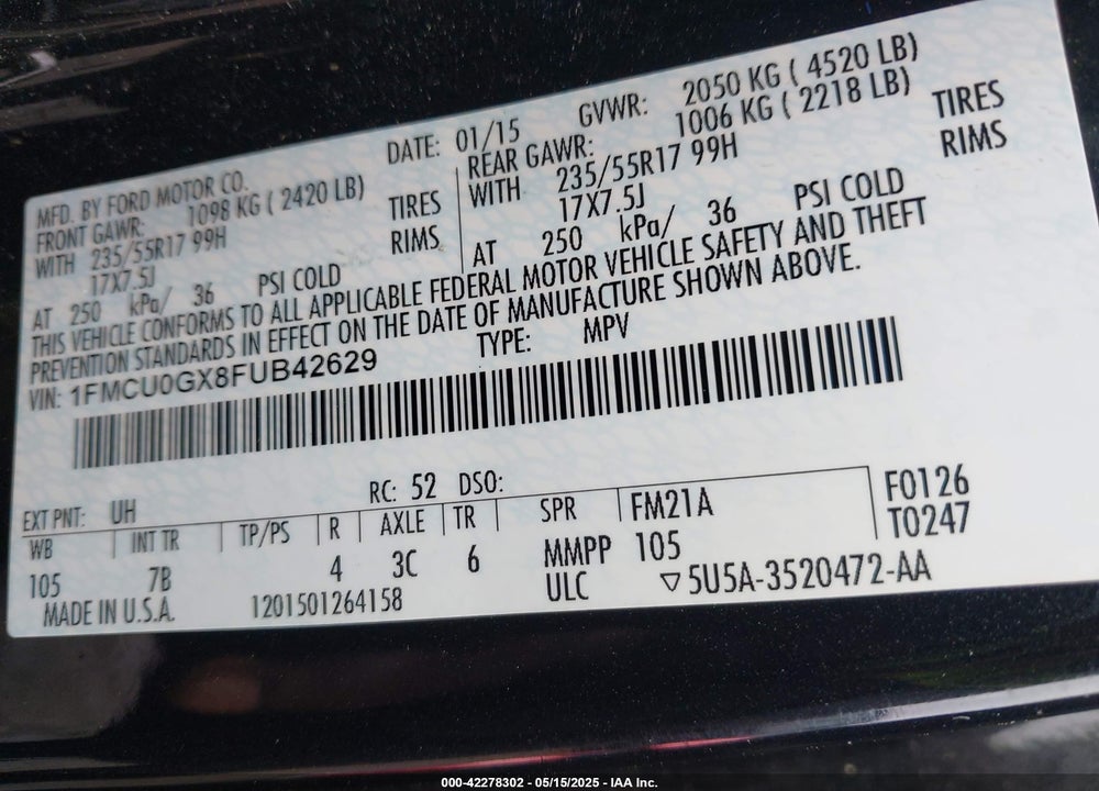 2015 FORD ESCAPE VIN: 1FMCU0GX8FUB42629