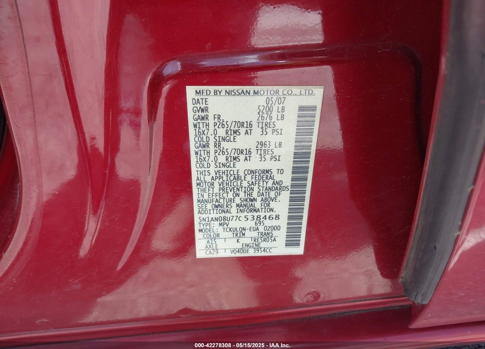 2007 NISSAN XTERRA X VIN: 5N1AN08U77C538468