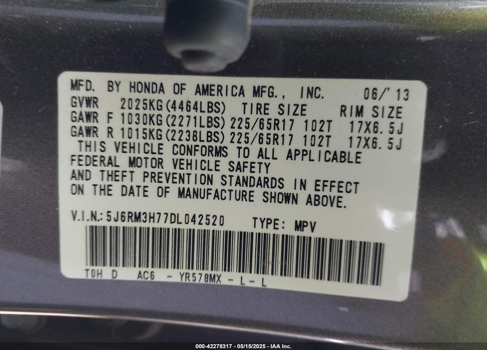 2013 HONDA CR-V EX-L VIN: 5J6RM3H77DL042520
