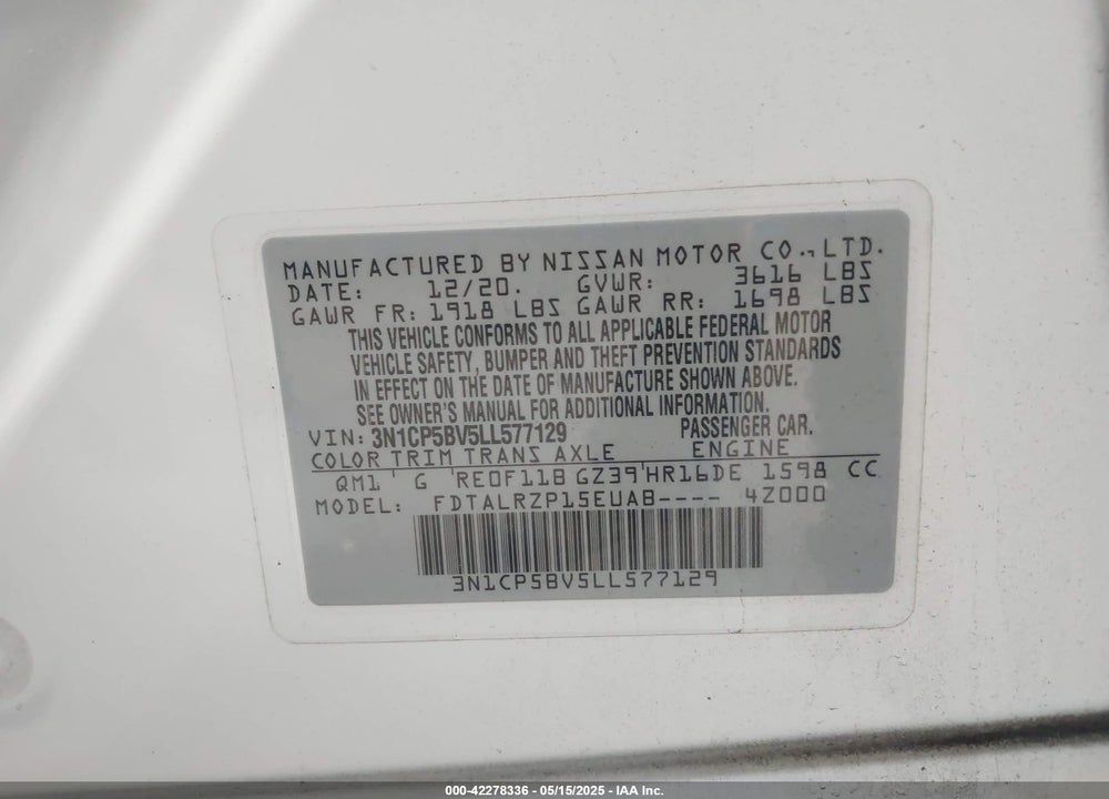 2020 NISSAN KICKS VIN: 3N1CP5BV5LL577129