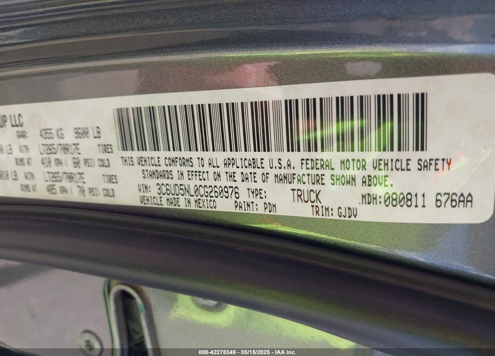 2012 RAM 2500 VIN: 3C6UD5NL0CG260976
