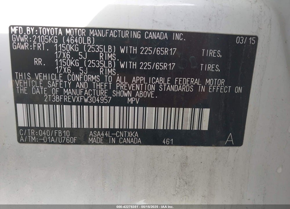 2015 TOYOTA RAV4 VIN: 2T3BFREVXFW304957