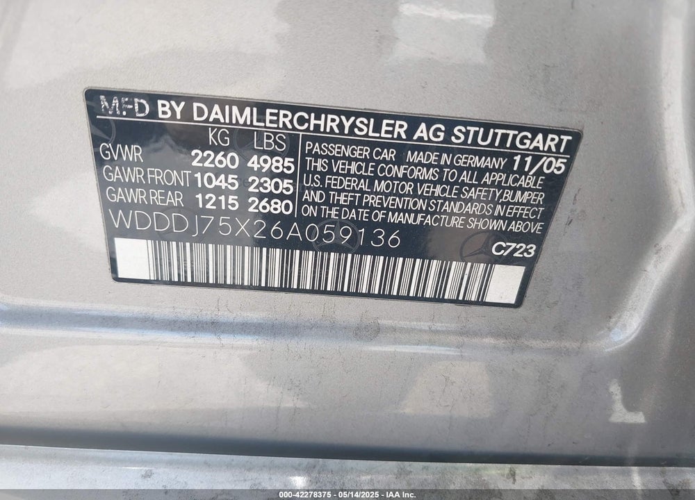 2006 MERCEDES-BENZ CLS 500 VIN: WDDDJ75X26A059136