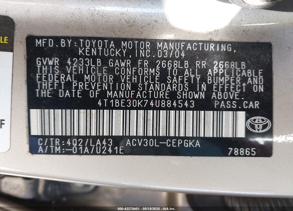 2004 TOYOTA CAMRY XLE VIN: 4T1BE30K74U884543
