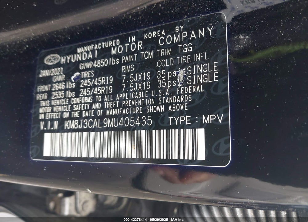 2021 HYUNDAI TUCSON VIN: KM8J3CAL9MU405435