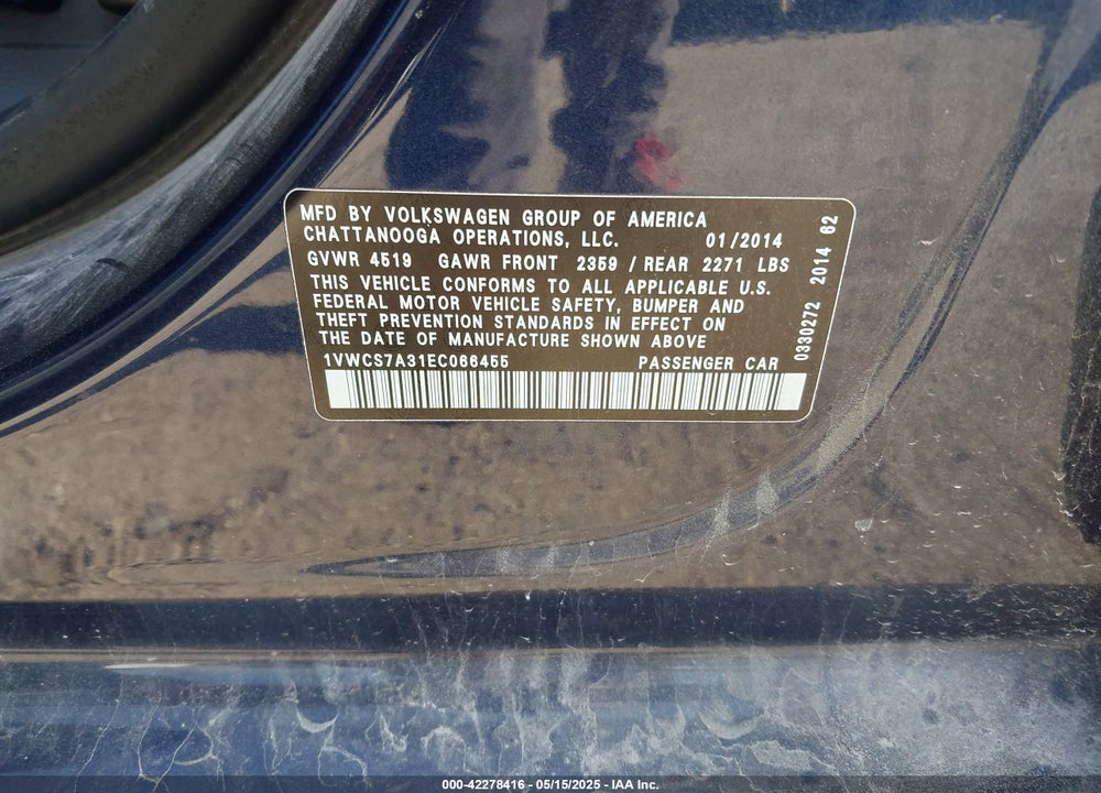 2014 VOLKSWAGEN PASSAT VIN: 1VWCS7A31EC066455