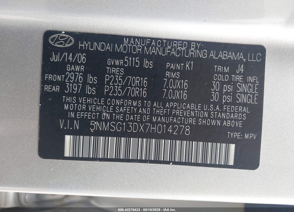 2007 HYUNDAI SANTA FE GLS VIN: 5NMSG13DX7H014278