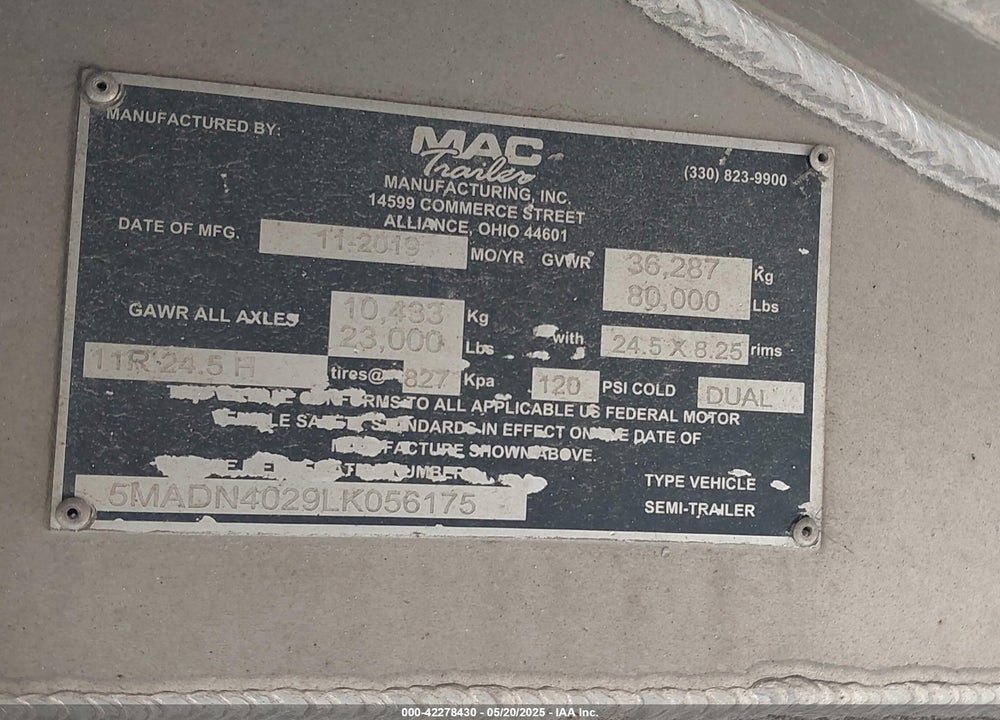 2020 MAC TRAILER MFG DUMP TRAILER VIN: 5MADN4029LK056175