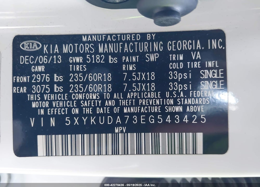 2014 KIA SORENTO VIN: 5XYKUDA73EG543425