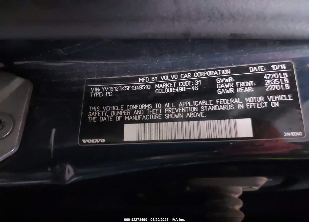 2015 VOLVO S60 T5 PREMIER VIN: YV1612TK5F1349510