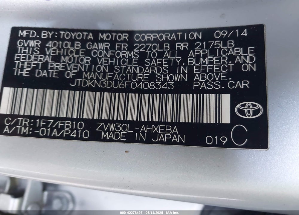 2015 TOYOTA PRIUS VIN: JTDKN3DU6F0408343