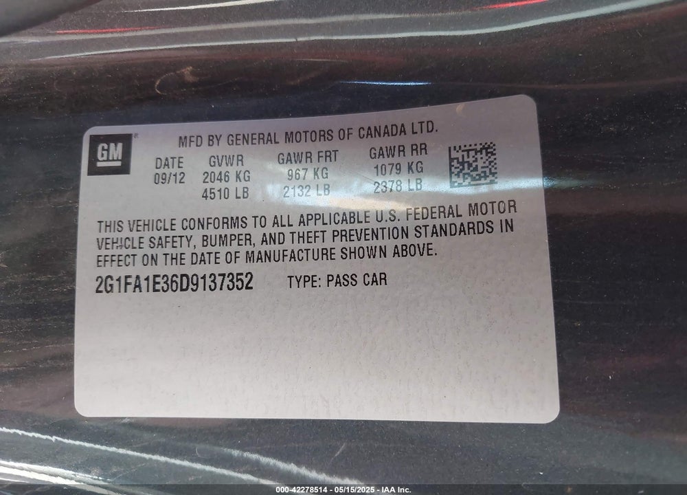 2013 CHEVROLET CAMARO VIN: 2G1FA1E36D9137352