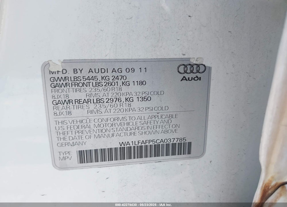 2012 AUDI Q5 2.0T PREMIUM VIN: WA1LFAFP5CA037785
