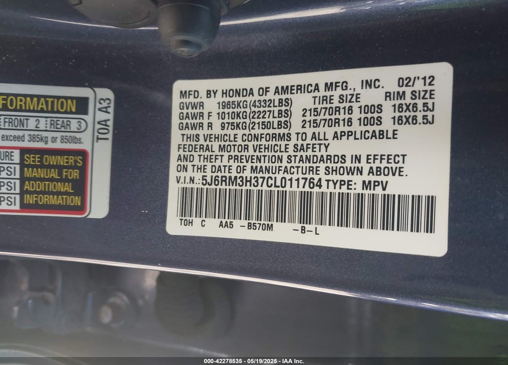 2012 HONDA CR-V LX VIN: 5J6RM3H37CL011764