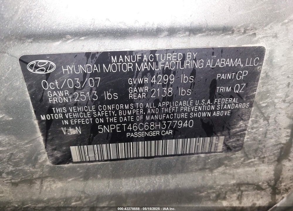 2008 HYUNDAI SONATA GLS VIN: 5NPET46C68H377940
