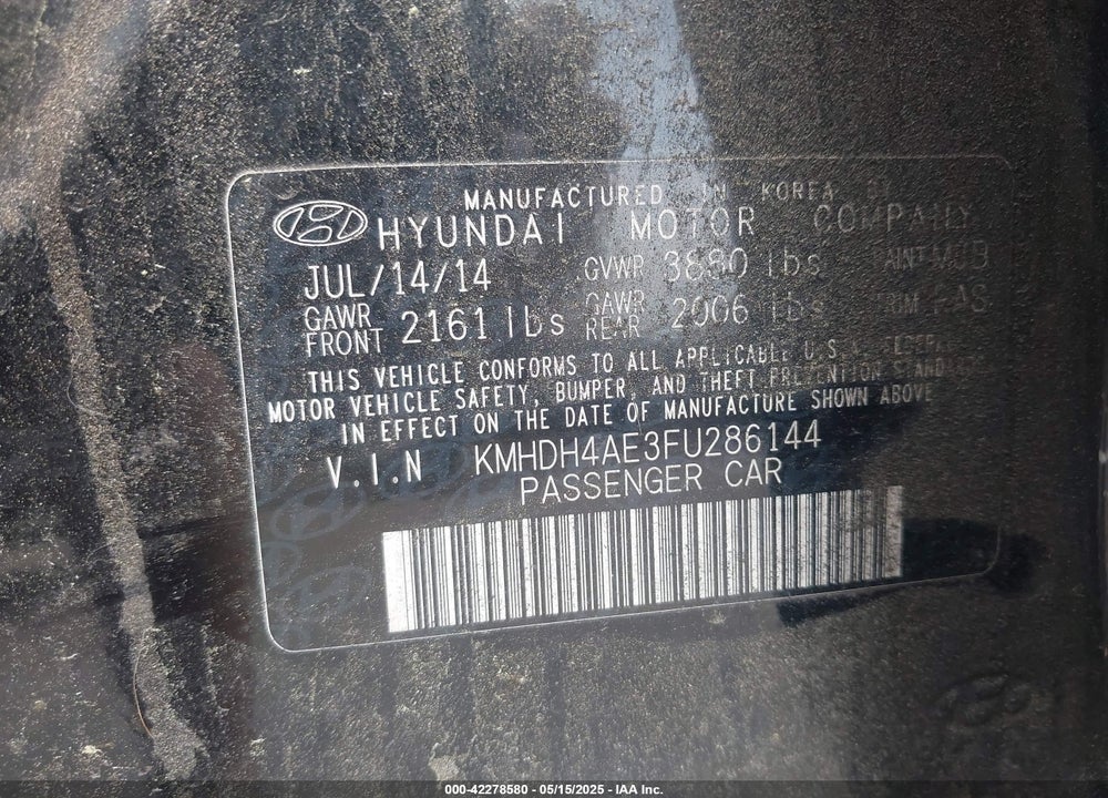 2015 HYUNDAI ELANTRA VIN: KMHDH4AE3FU286144