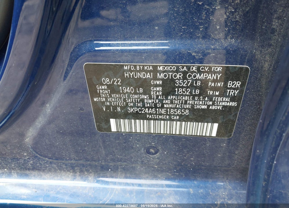 2022 HYUNDAI ACCENT VIN: 3KPC24A61NE185658