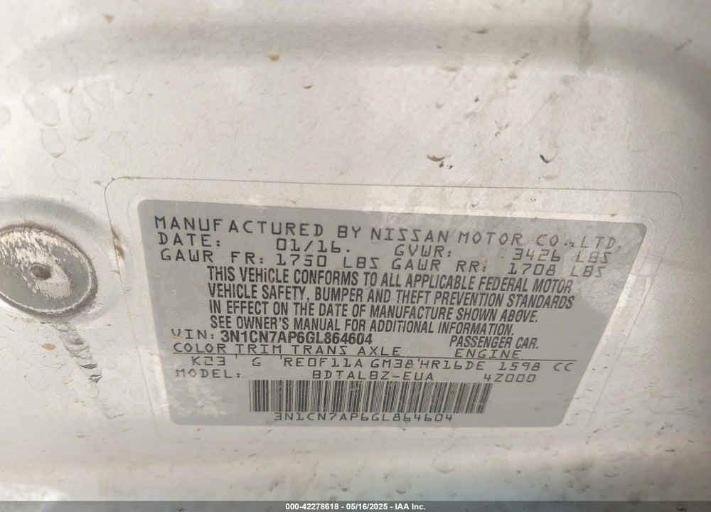 2016 NISSAN VERSA 1.6 SV VIN: 3N1CN7AP6GL864604