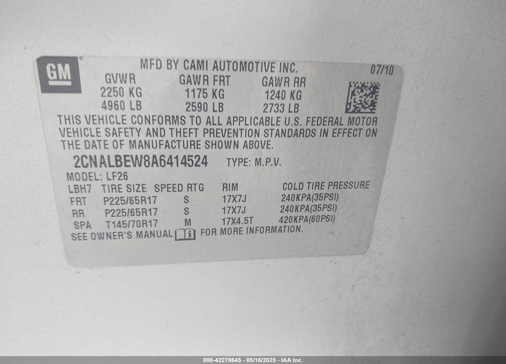 2010 CHEVROLET EQUINOX VIN: 2CNALBEW8A6414524