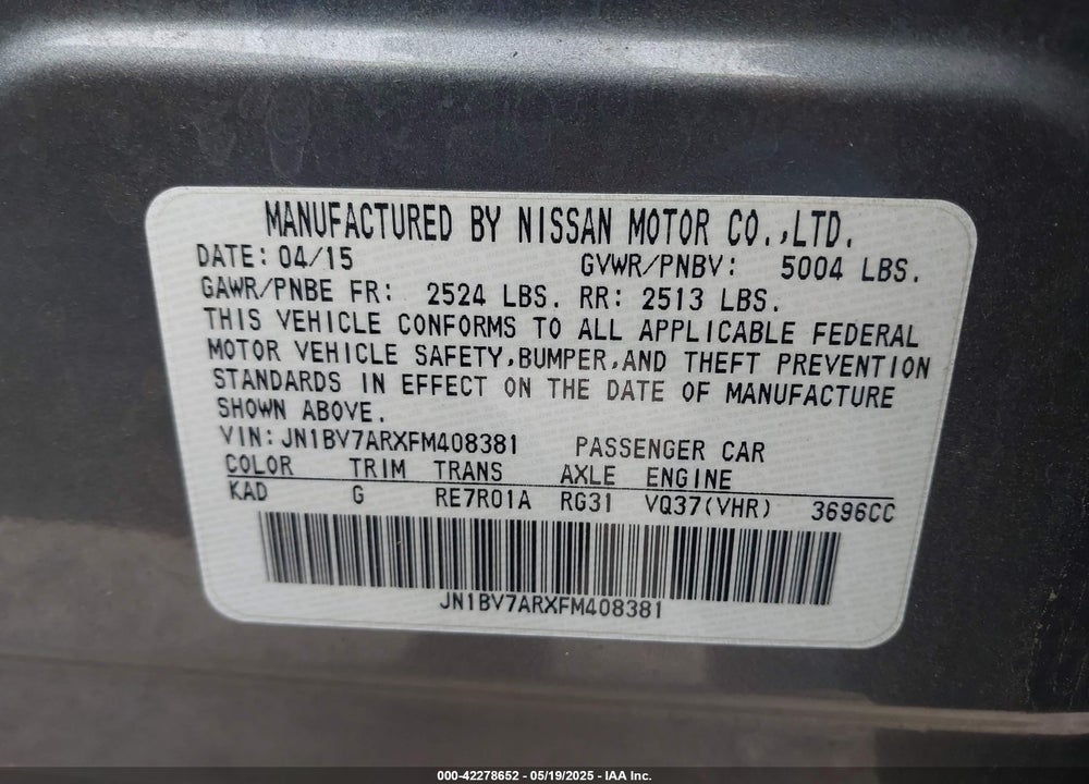 2015 INFINITI Q50 SPORT VIN: JN1BV7ARXFM408381