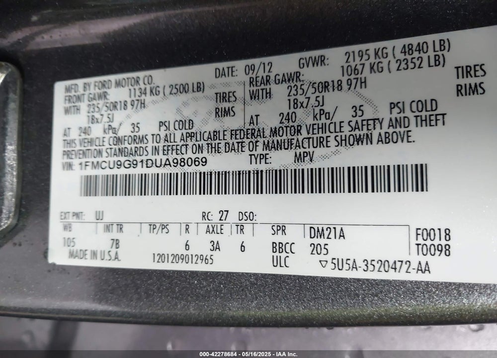 2013 FORD ESCAPE VIN: 1FMCU9G91DUA98069