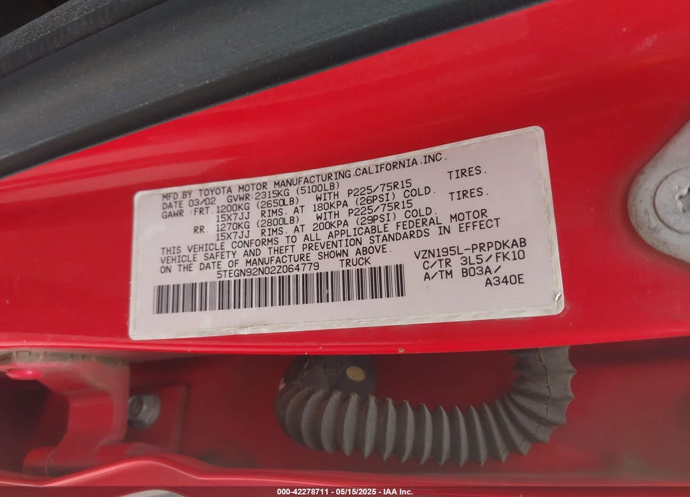 2002 TOYOTA TACOMA VIN: 5TEGN92N02Z064779