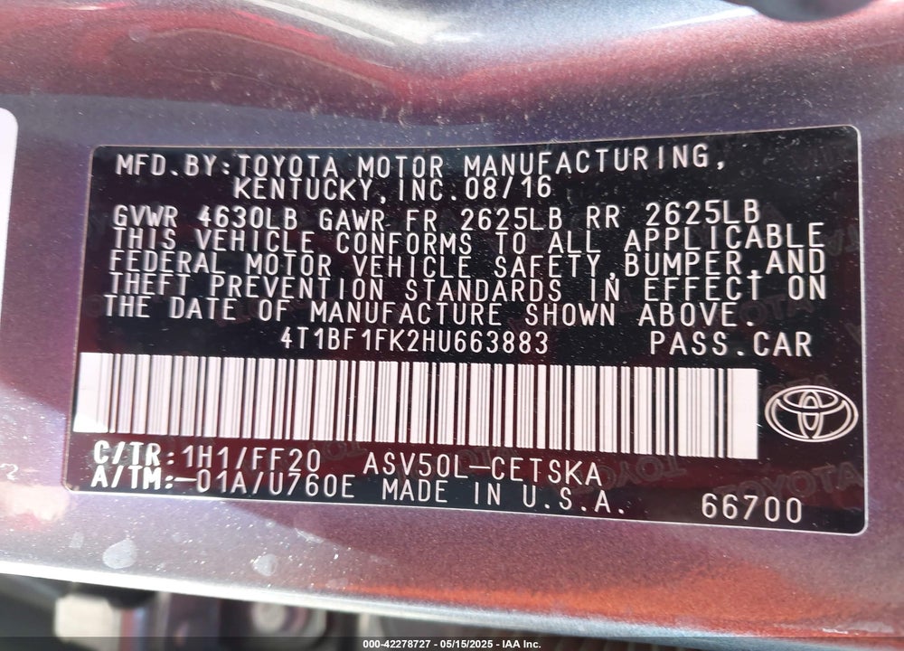 2017 TOYOTA CAMRY VIN: 4T1BF1FK2HU663883