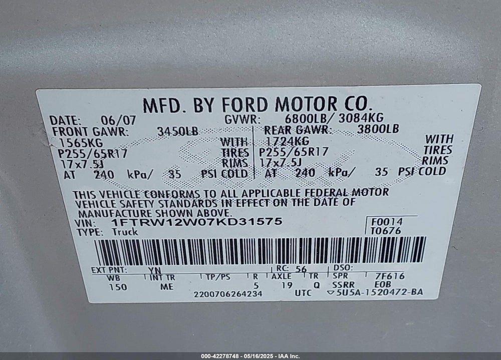 2007 FORD F150 VIN: 1FTRW12W07KD31575