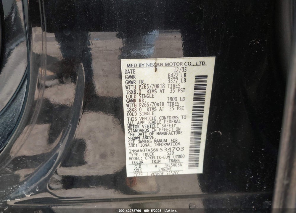 2006 NISSAN TITAN SE VIN: 1N6AA07A56N534703