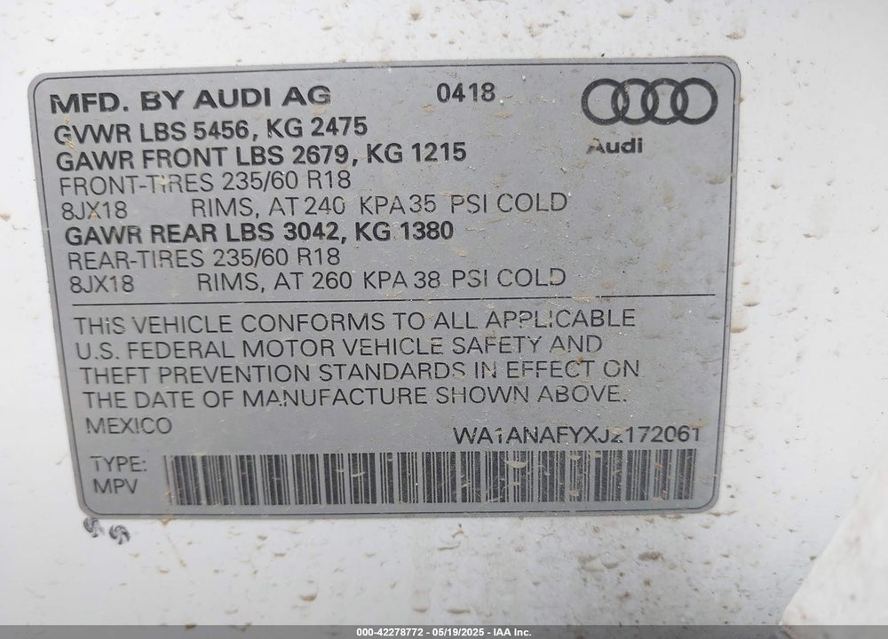 2018 AUDI Q5 2.0T PREMIUM/2.0T TECH PREMIUM VIN: WA1ANAFYXJ2172061