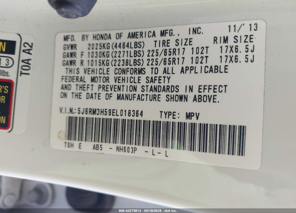 2014 HONDA CR-V VIN: 5J6RM3H59EL018364