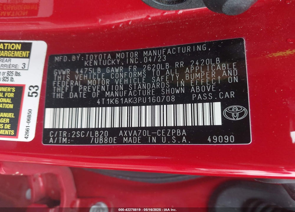 2023 TOYOTA CAMRY VIN: 4T1K61AK3PU160708